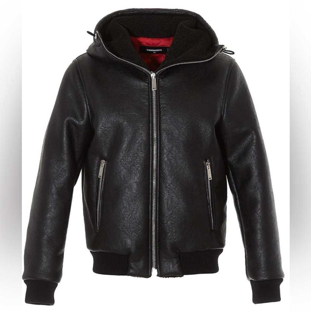 Mint cond.DSQUARED2 Black Italian Leather Hooded Bomber Jacket with Red Lining